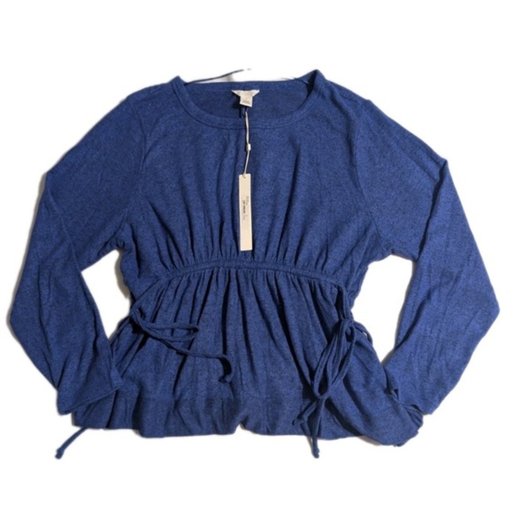 Caslon Cozy Waist Tie Peplum Top Sz Small Blue Mazarine Long-Sleeve NWT